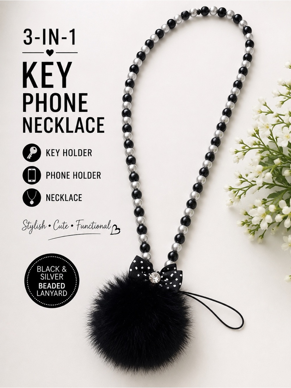 Black Pom Pom Beaded Lanyard Key Phone Holder Necklace